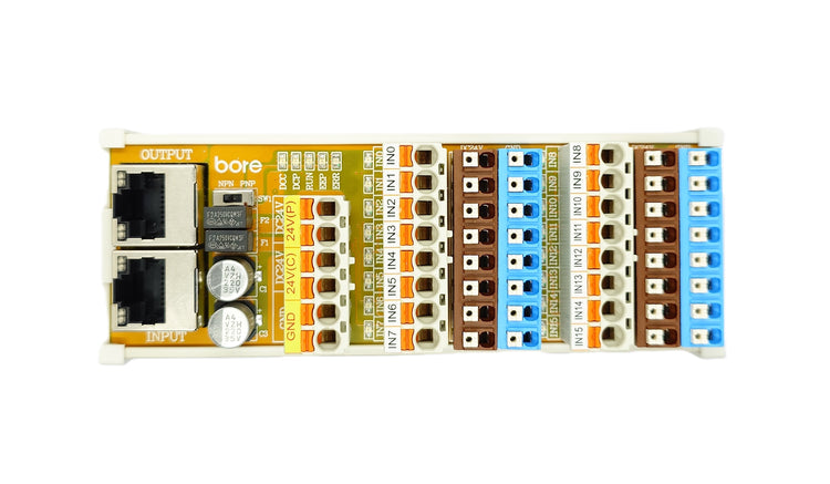 Bore CM-XE16R3A1 is an industrial-grade EtherCAT slave digital input module featuring WAGO 5.0mm push-in spring terminal design. It provides 16 digital input channels with flexible NPN/PNP selectable wiring. 