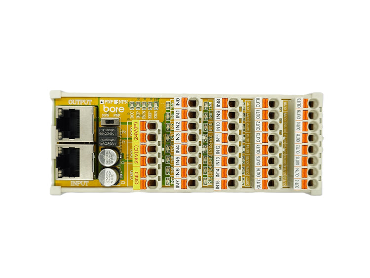 Bore CM-TE63PB3G-P, an industrial-grade EtherCAT slave digital input and output module featuring WAGO 5.0mm push-in spring terminal design. It provides 16 NPN/PNP selectable digital input and 16 PNP digital output channels.