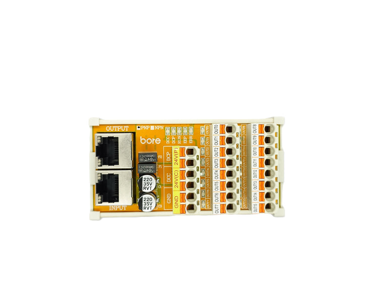 Bore CM-TE33PB3G-P, an industrial-grade EtherCAT slave digital output module featuring WAGO 5.0mm push-in spring terminal design. It provides 16 PNP digital output channels.