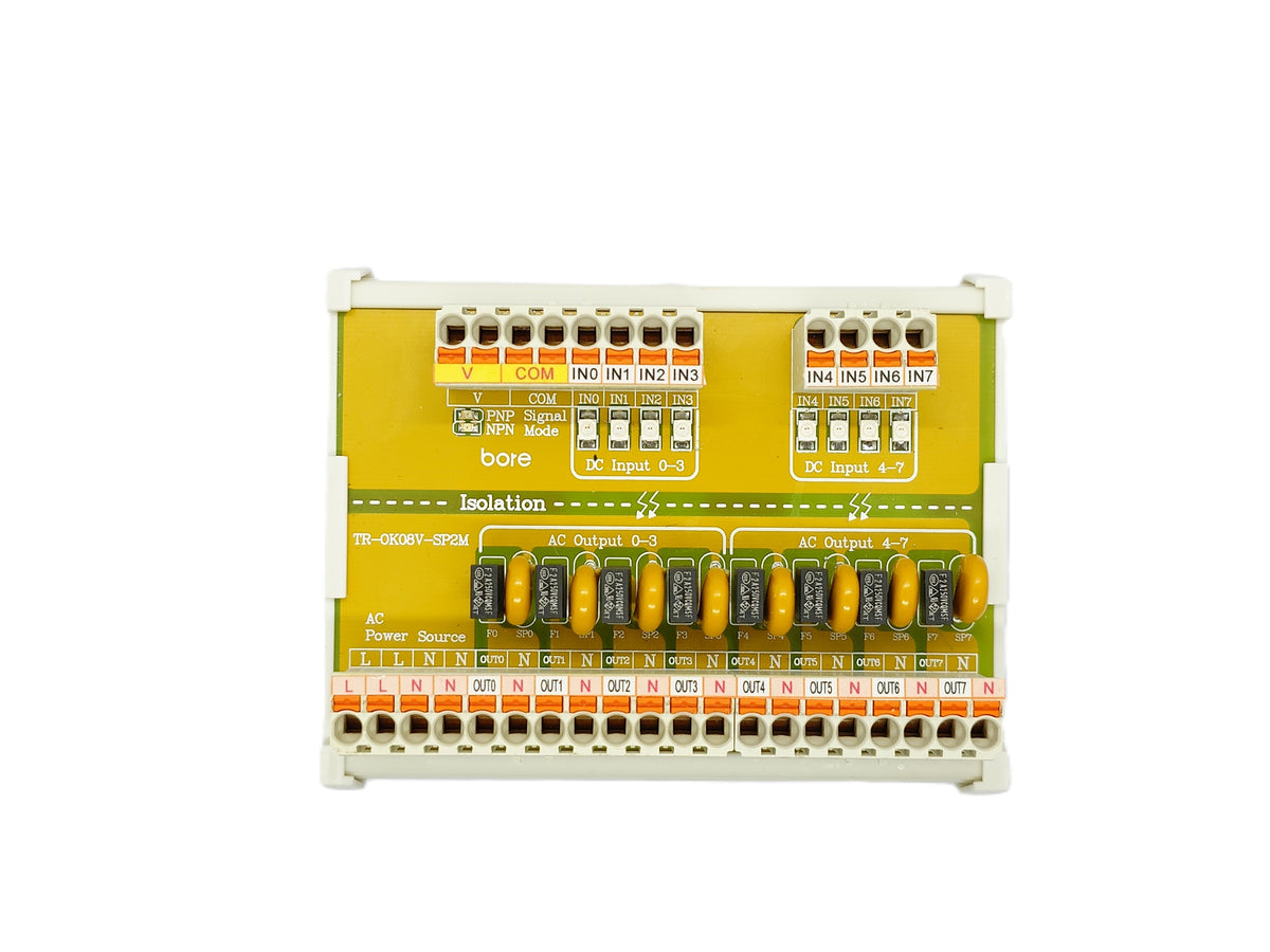 Bore TR-OK08V-SP2M is an 8-channel solid-state relay module offering high-speed, silent AC output switching with MOV surge suppressor and quick fuse overload protection.