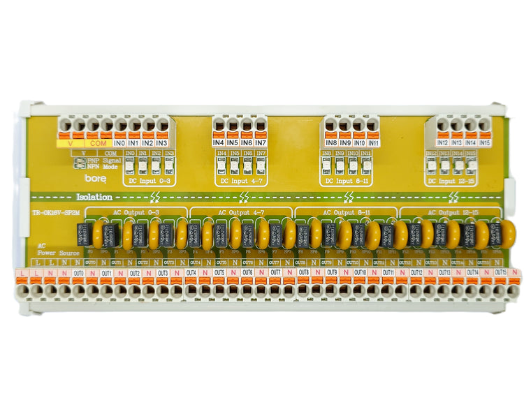 Bore TR-OK16V-SP2M is a 16-channel solid-state relay module offering high-speed, silent AC output switching with MOV surge suppressor and quick fuse overload protection.