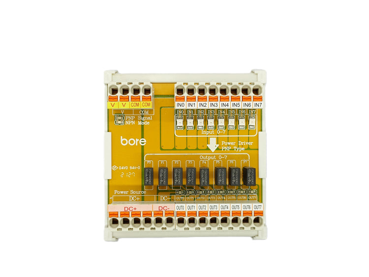 Bore TR-OK08V-LP5M is an 8-channel solid-state relay module offering high-speed, silent DC output switching with integrated flyback and quick fuse overload protection. Ideal for interface isolation and NPN-to-PNP signal conversion.