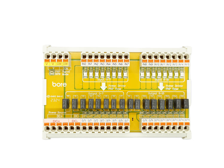 Bore TR-OK16V-LP5M is a 16-channel solid-state relay module offering high-speed, silent DC output switching with integrated flyback and quick fuse overload protection. Ideal for interface isolation and NPN-to-PNP signal conversion.